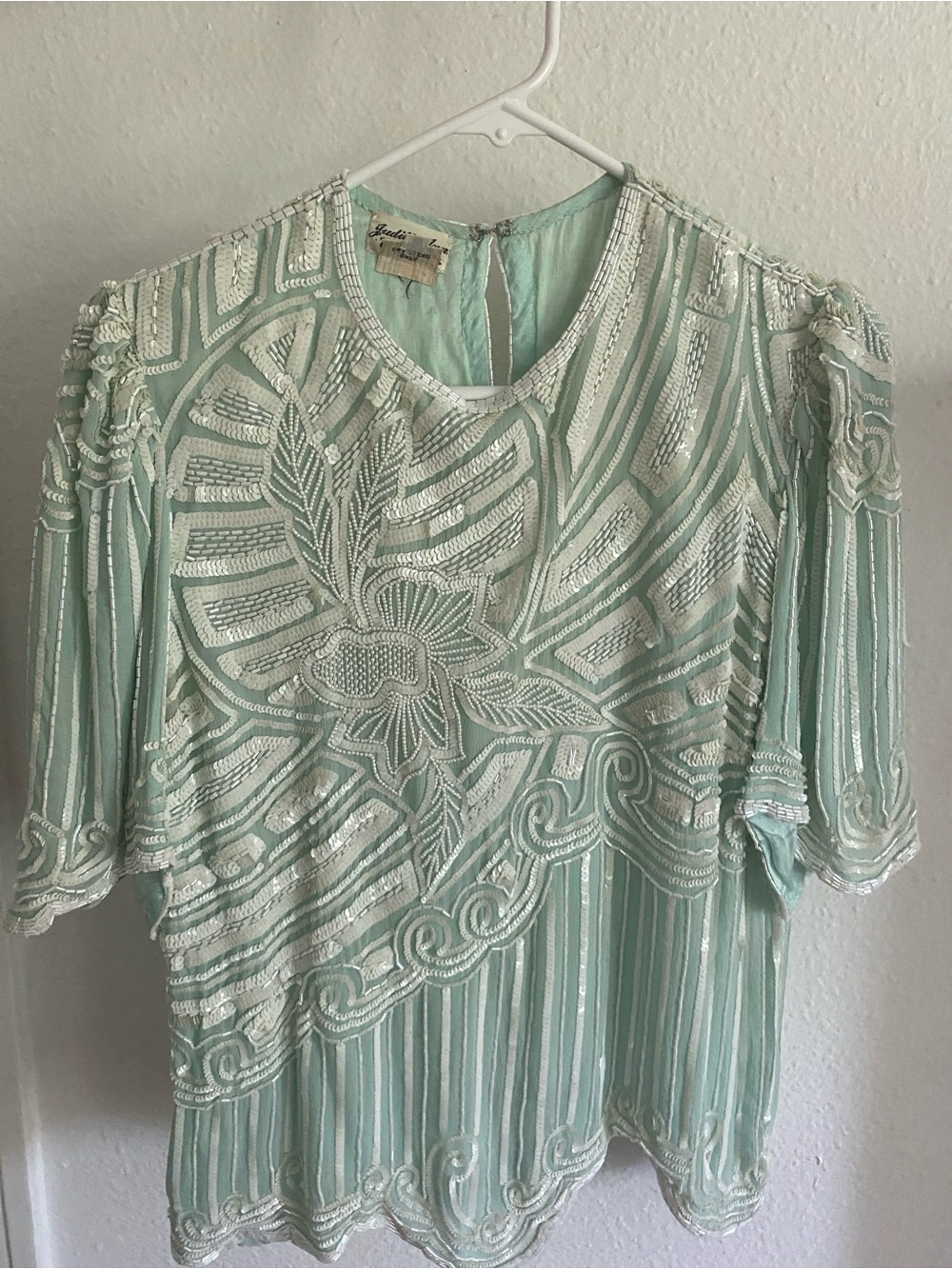 Beaded Vintage Mint Green Women's Blouse with Sequin Embroidery